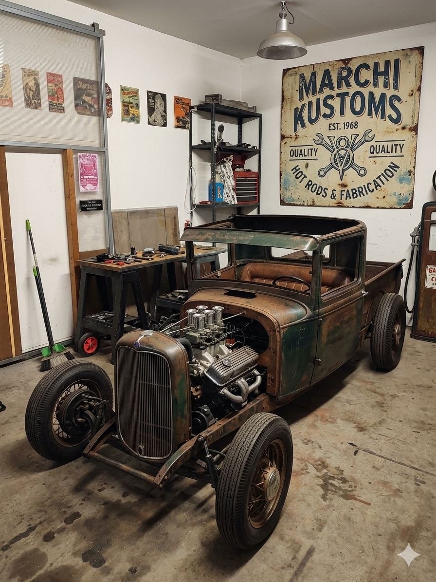 Marchi Kustoms garage with rat rod build